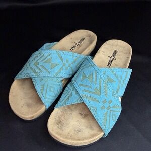 Minnetonka Turquoise Blue Suede Lyric Slip on Sandals Sz 7 Southwestern Aztec